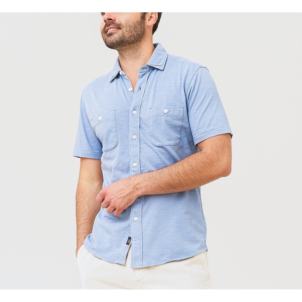 Faherty Mens L Short Sleeve Knit Seasons Shirt Blue Sunwashed Beach Button Logo